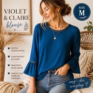 Violet & Claire Blouse Medium Blue Ruffle Sleeve Lightweight Flowy Top